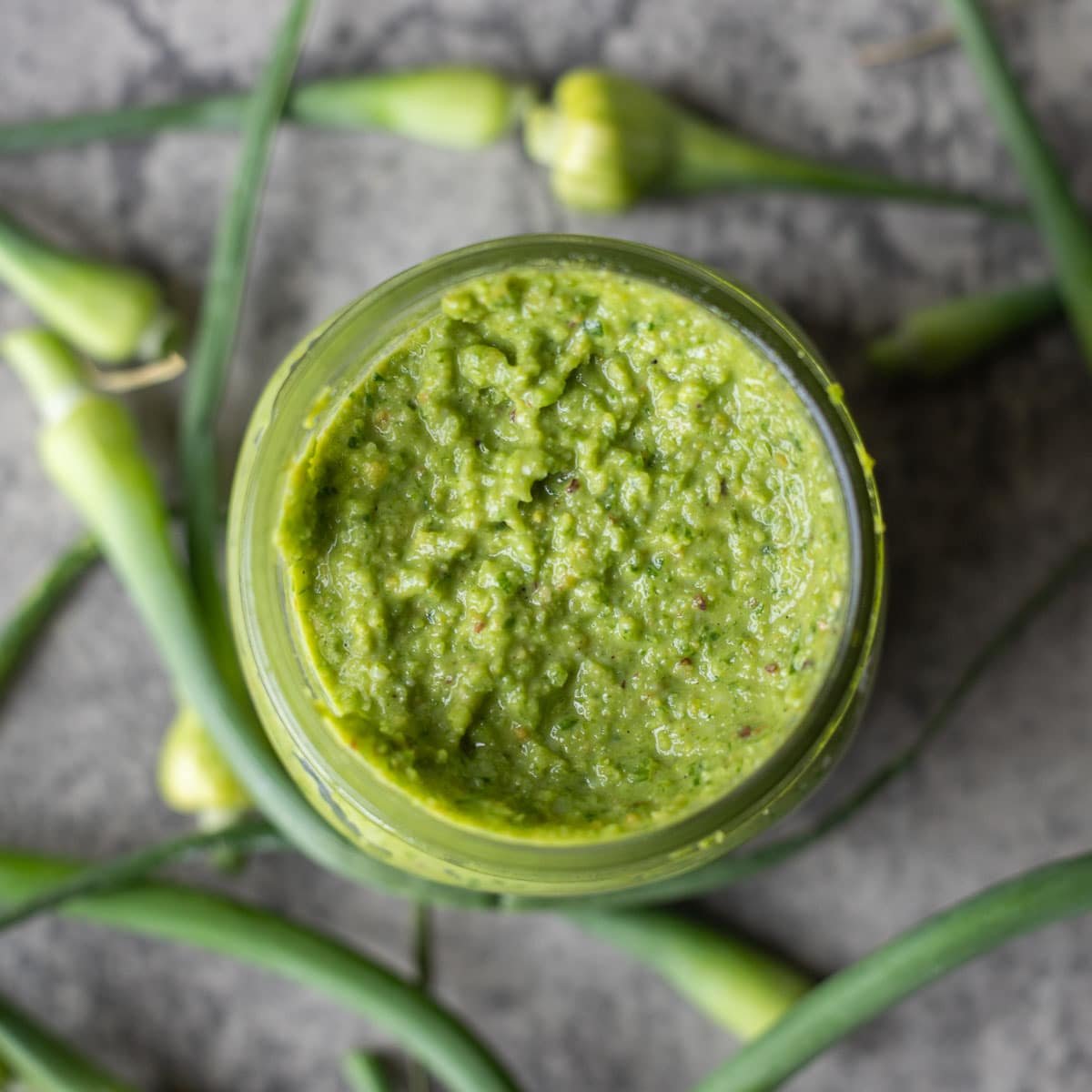 garlic scape pesto in a jar with more scapes around it.