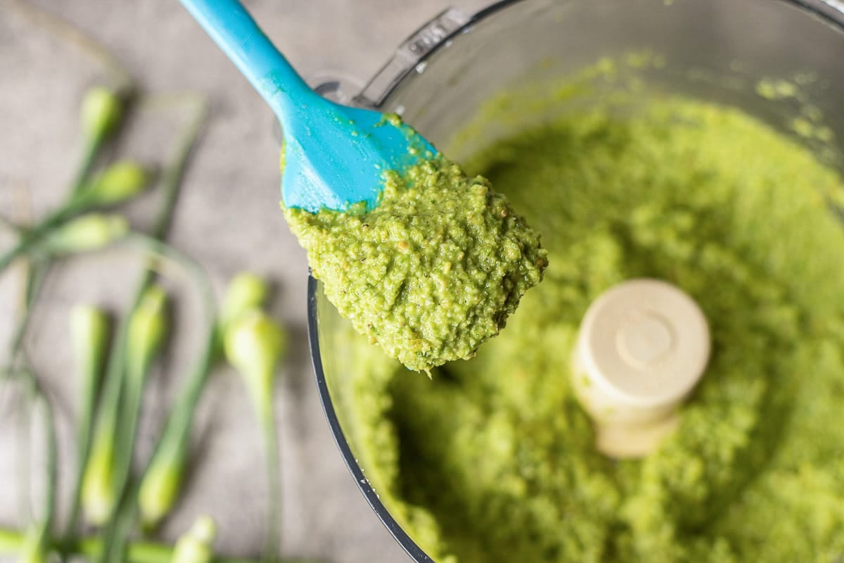 garlic scape pesto in a food processor. 