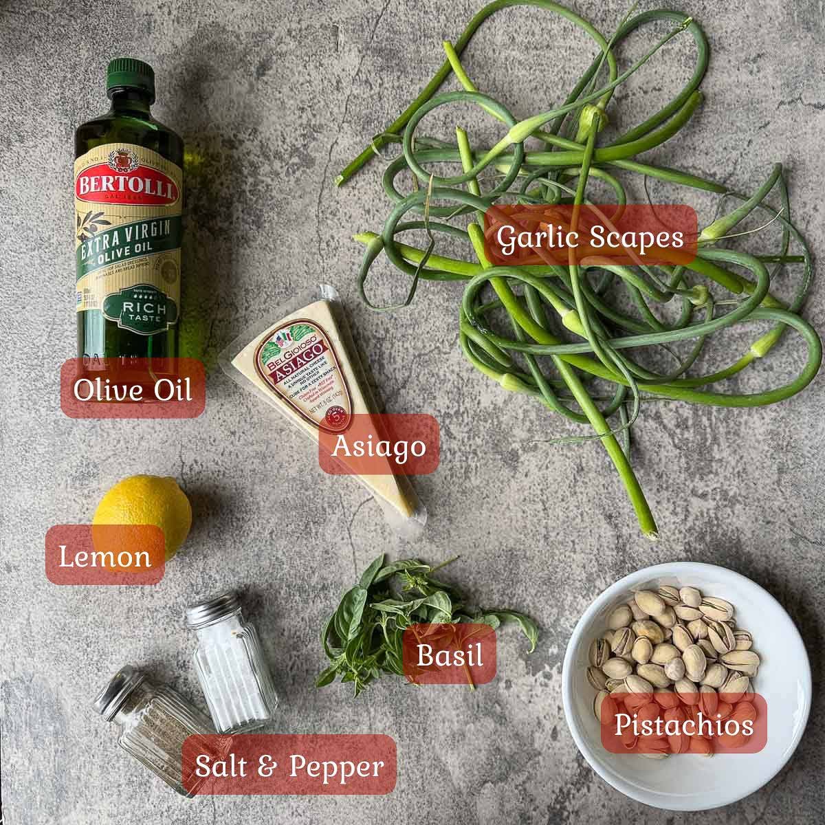 garlic scape pesto ingredients.