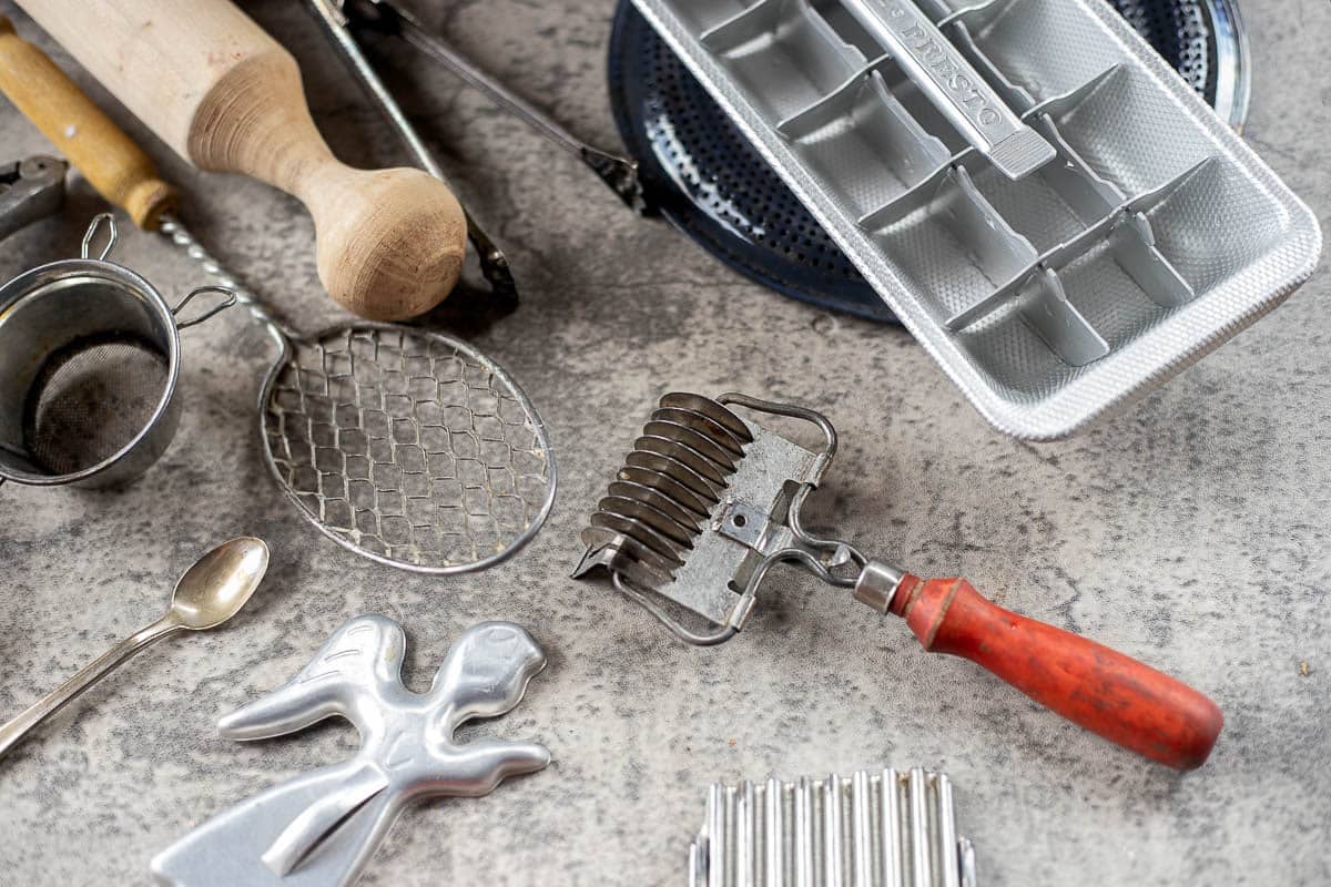 a collection of retro kitchen tools