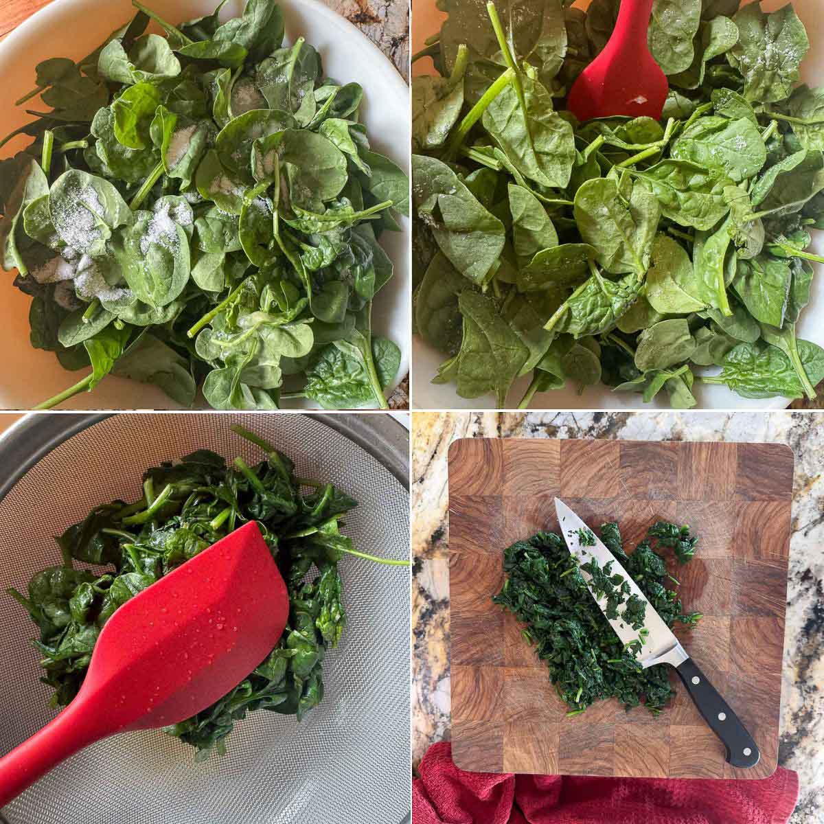 wilting and draining fresh spinach in a bowl .