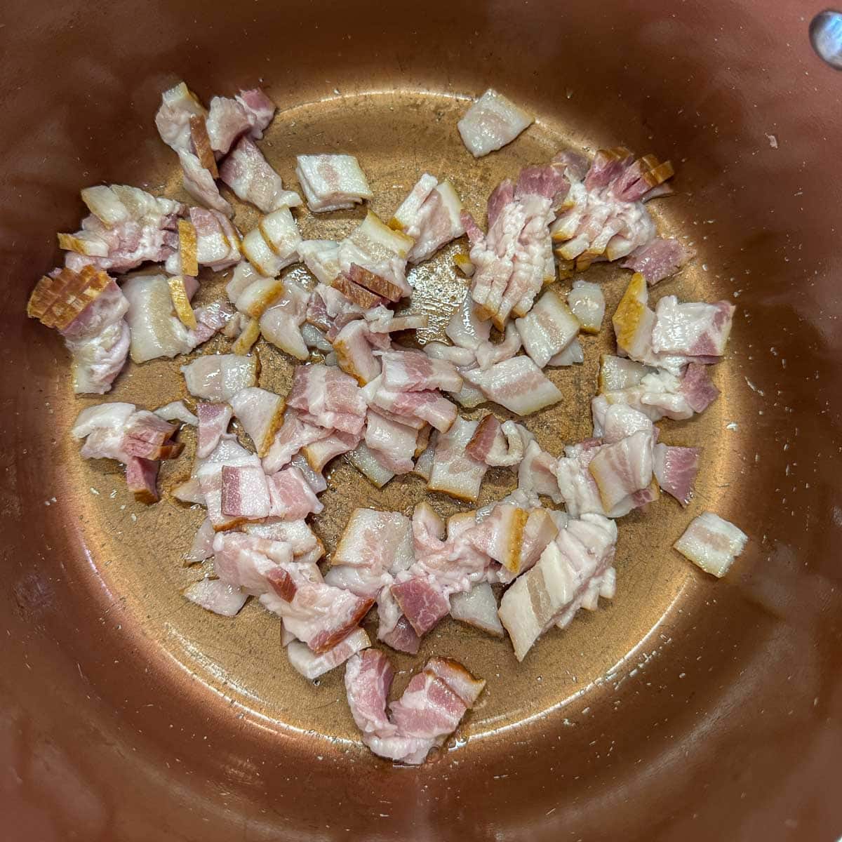 chopped bacon in a pot. 