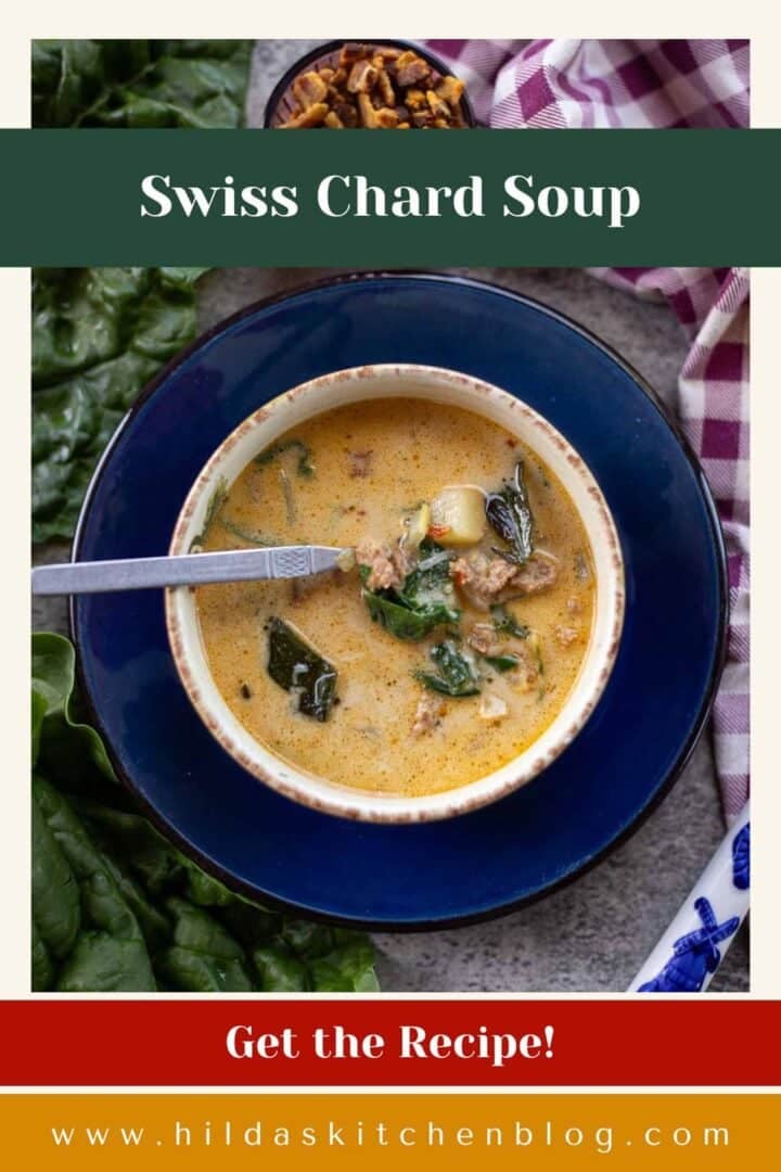 swiss chard soup in a blue bowl.