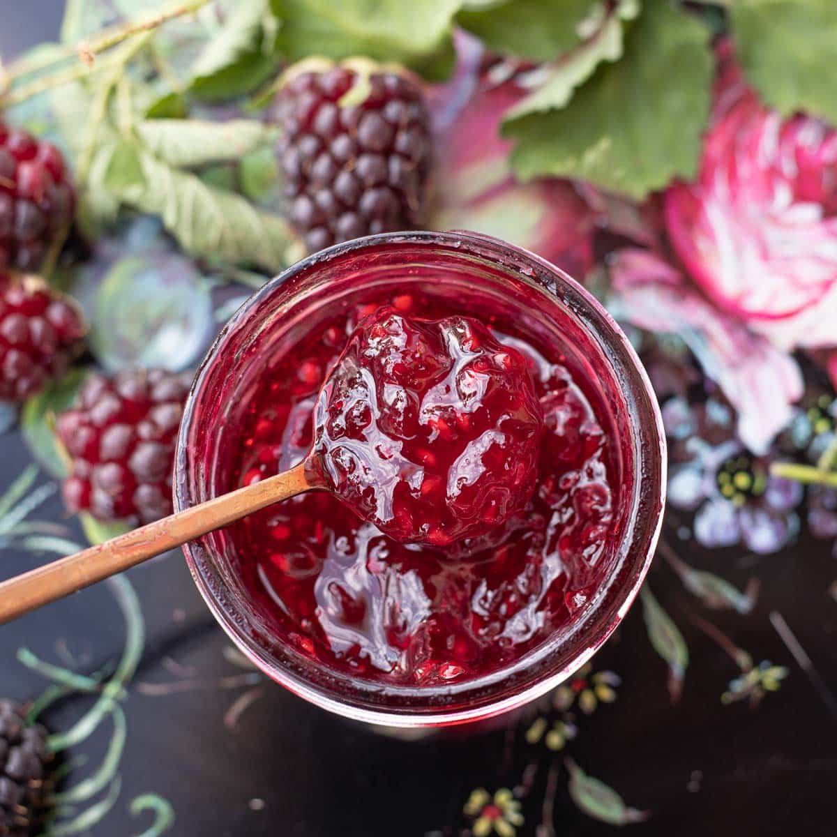 boysenberry jam with boysenberries around it.
