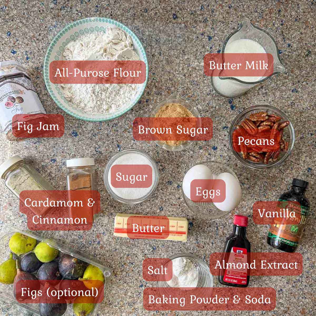 fig cake ingredients including flour, buttermilk, jam, sugar, figs, butter, vanilla etc.