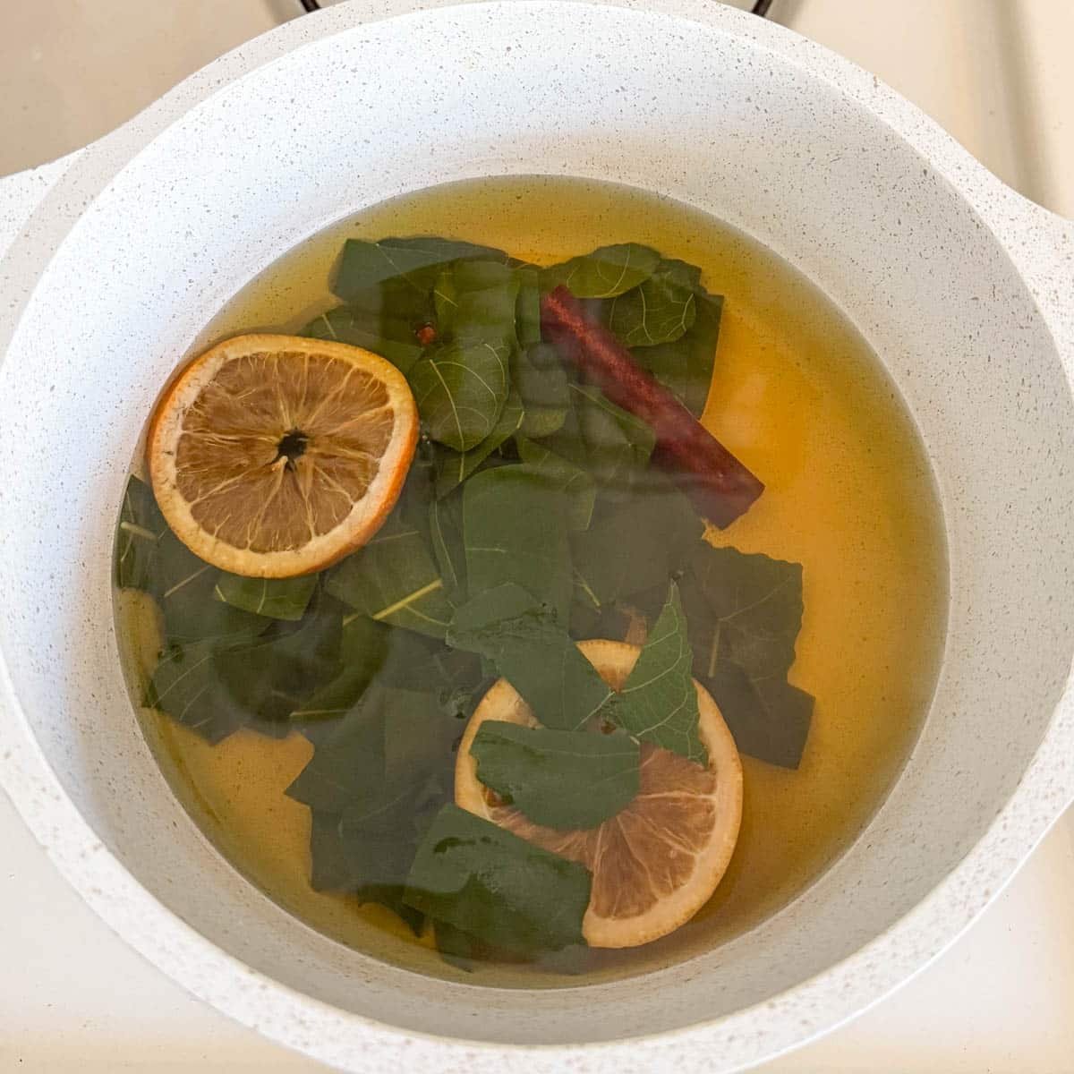 fig leaf tea steeping in pot.