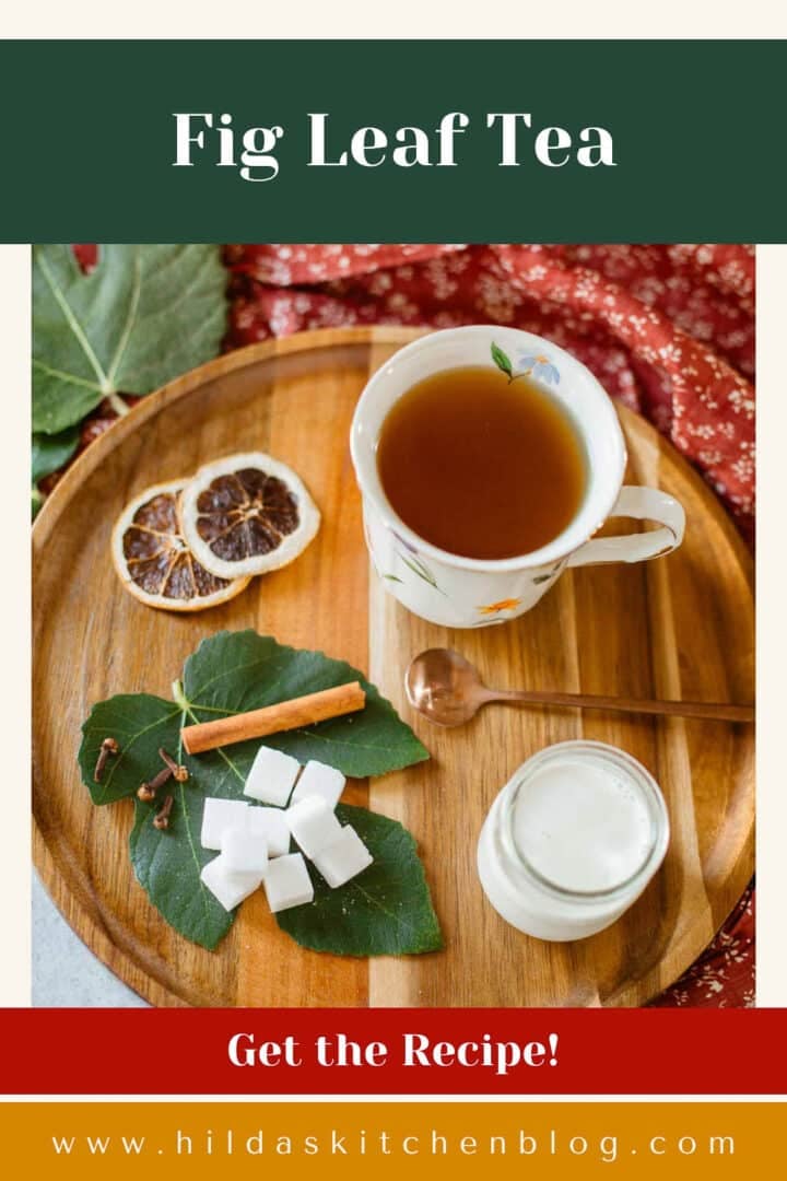 fig leaf tea on tray with ingredients and leaves after adding cream.