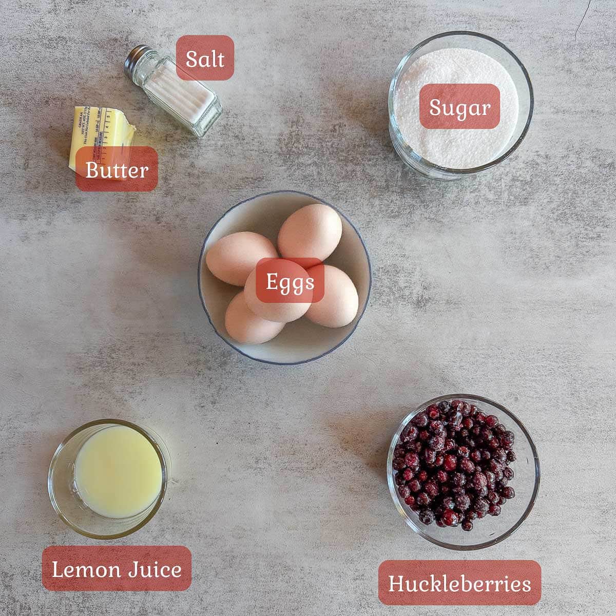 huckleberry curd recipe ingredients including eggs, sugar, huckleberries, lemon juice. 