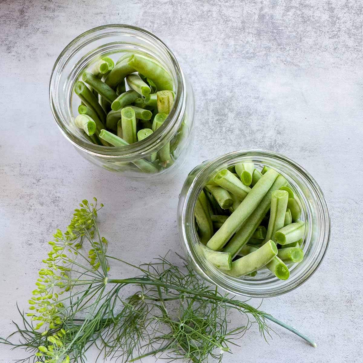 green beans in two jars with dill next to them.