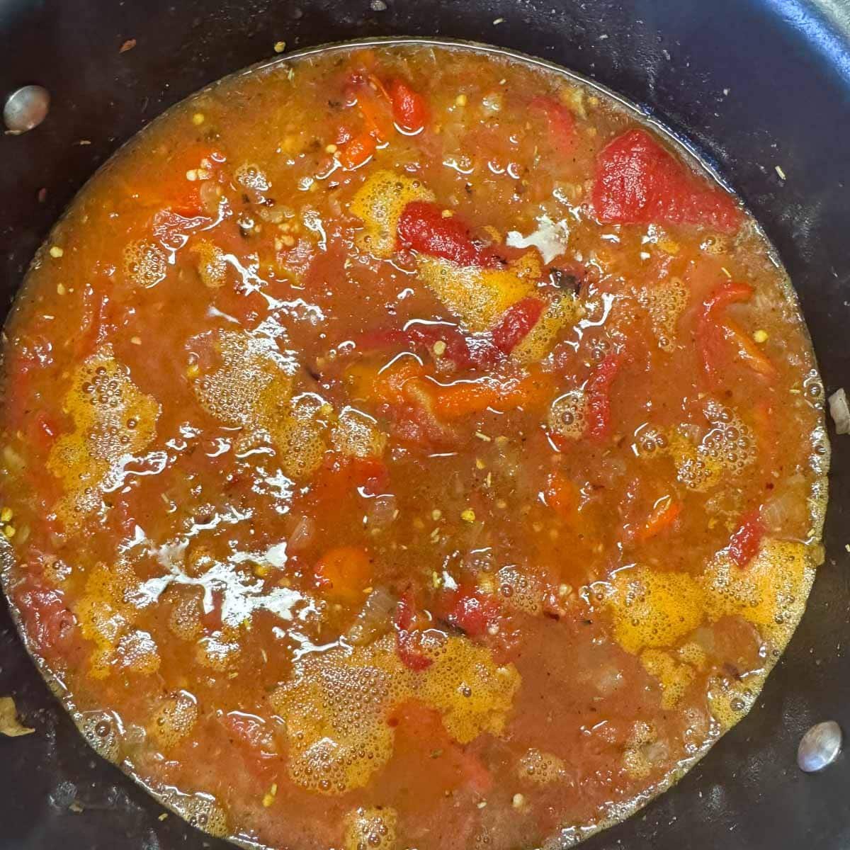 roasted tomato pepper soup before being blended.