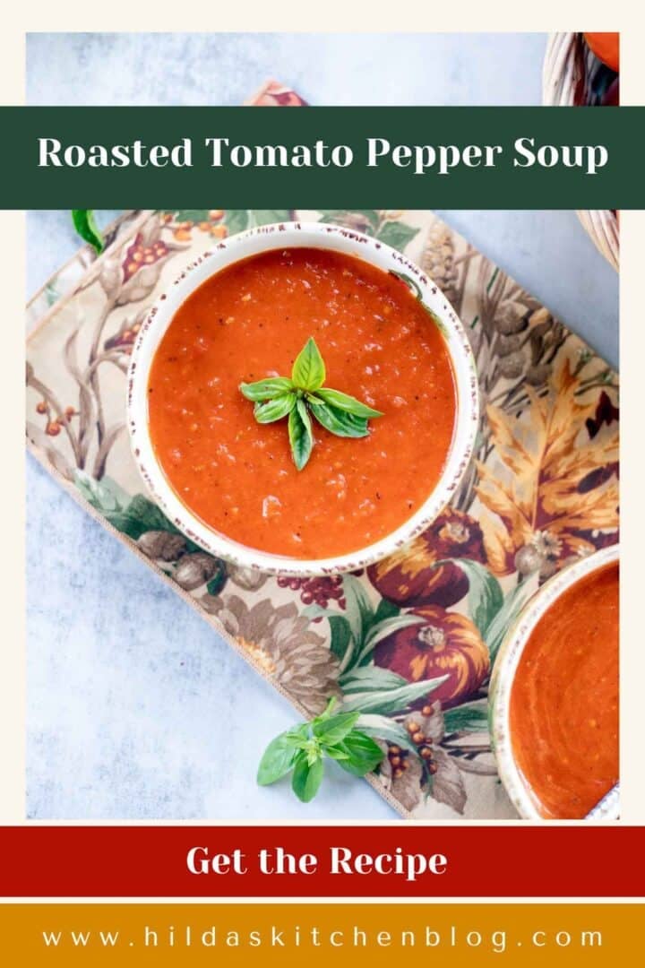 roasted tomato pepper soup in bowls.