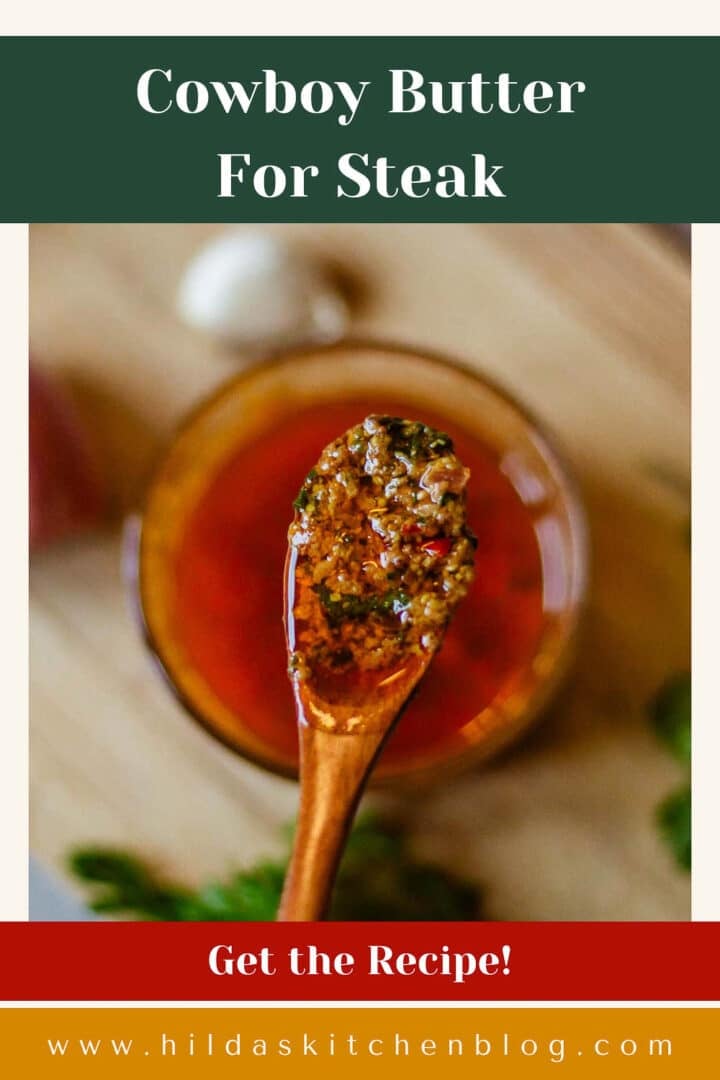 spoon of cowboy butter held over bowl beside herbs.