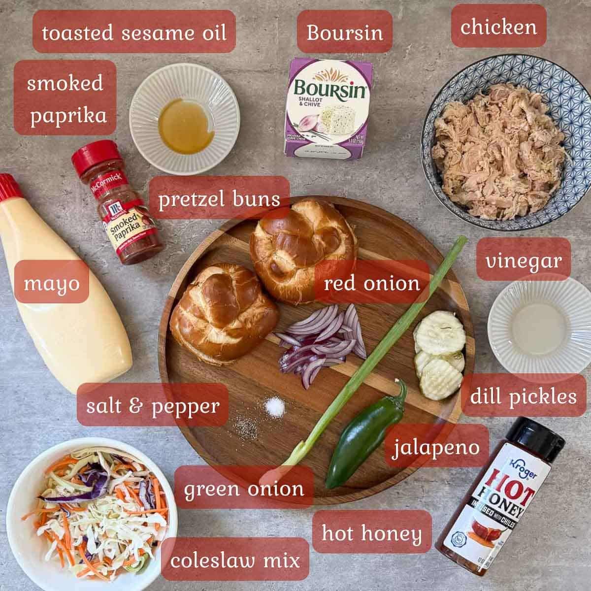 hot honey chicken ingredients (veggies, sauces, chicken, etc.)