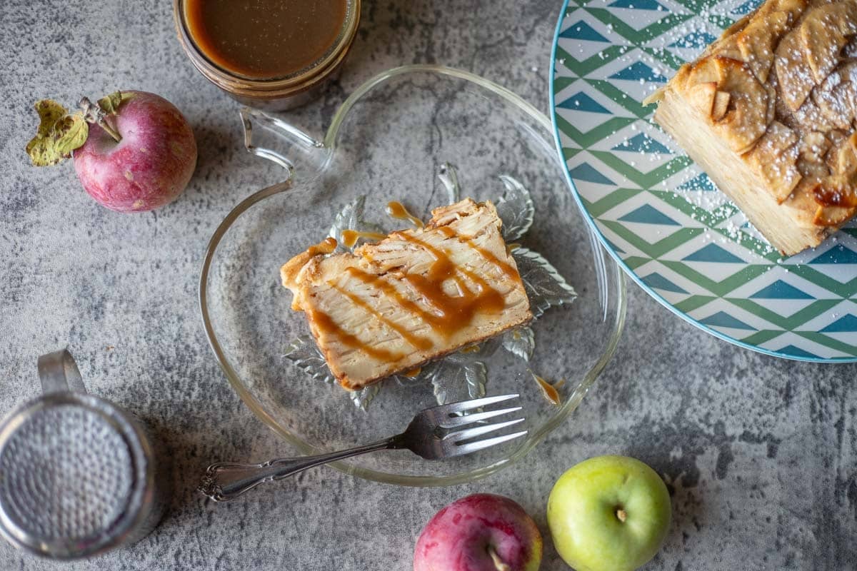 a slice of Gateau invisile (apple cake) with apples around it.