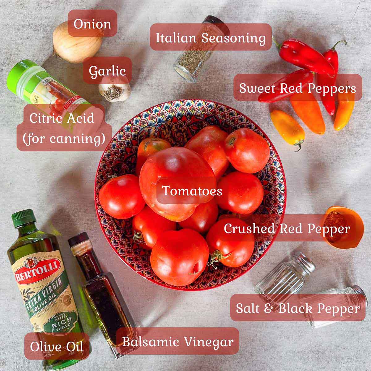 roasted tomato sauce ingredients including tomatoes, peppers, garlic, onion, and spices.