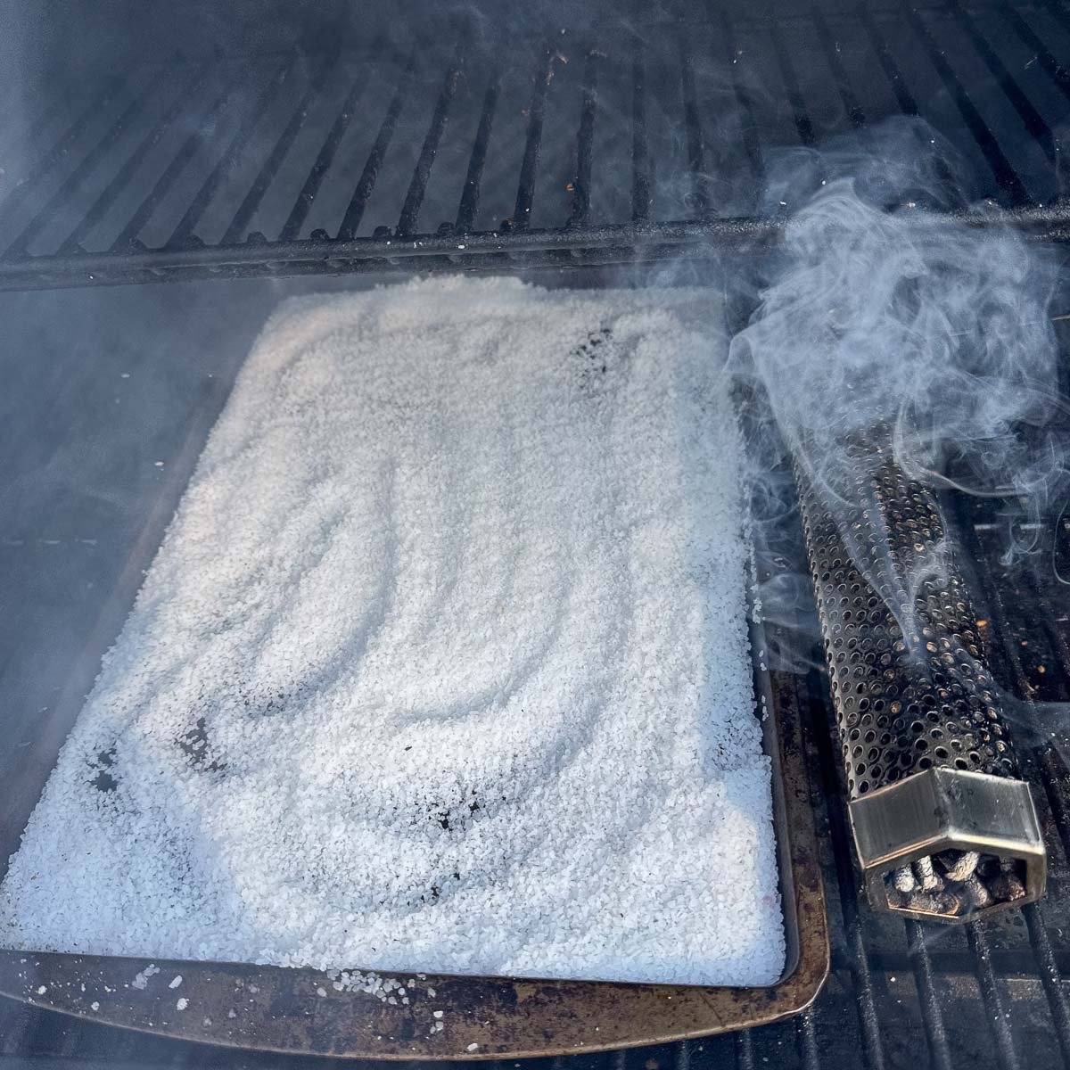 salt on a tray being smoked.