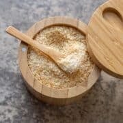 smoked salt in a wooden salt cellar.