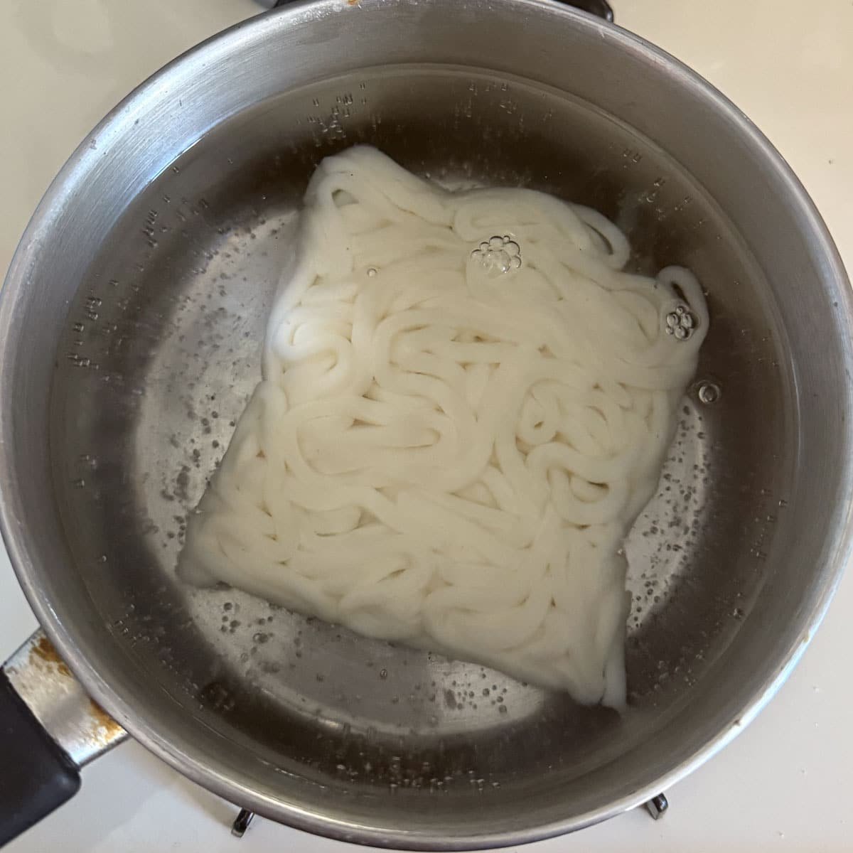 frozen udon noodles in pot of water.