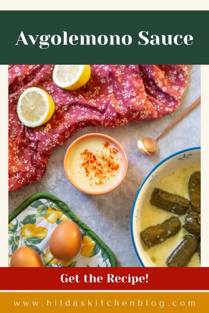 avgolemono sauce in small bowl beside dolmades, lemons, and eggs.