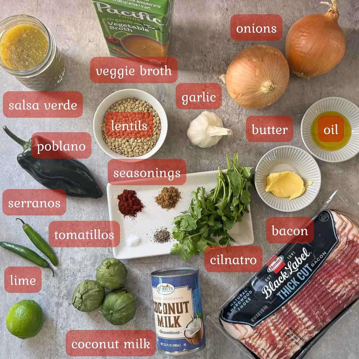 bacon and lentil soup ingredients (veggies, salsa, bacon, etc.)