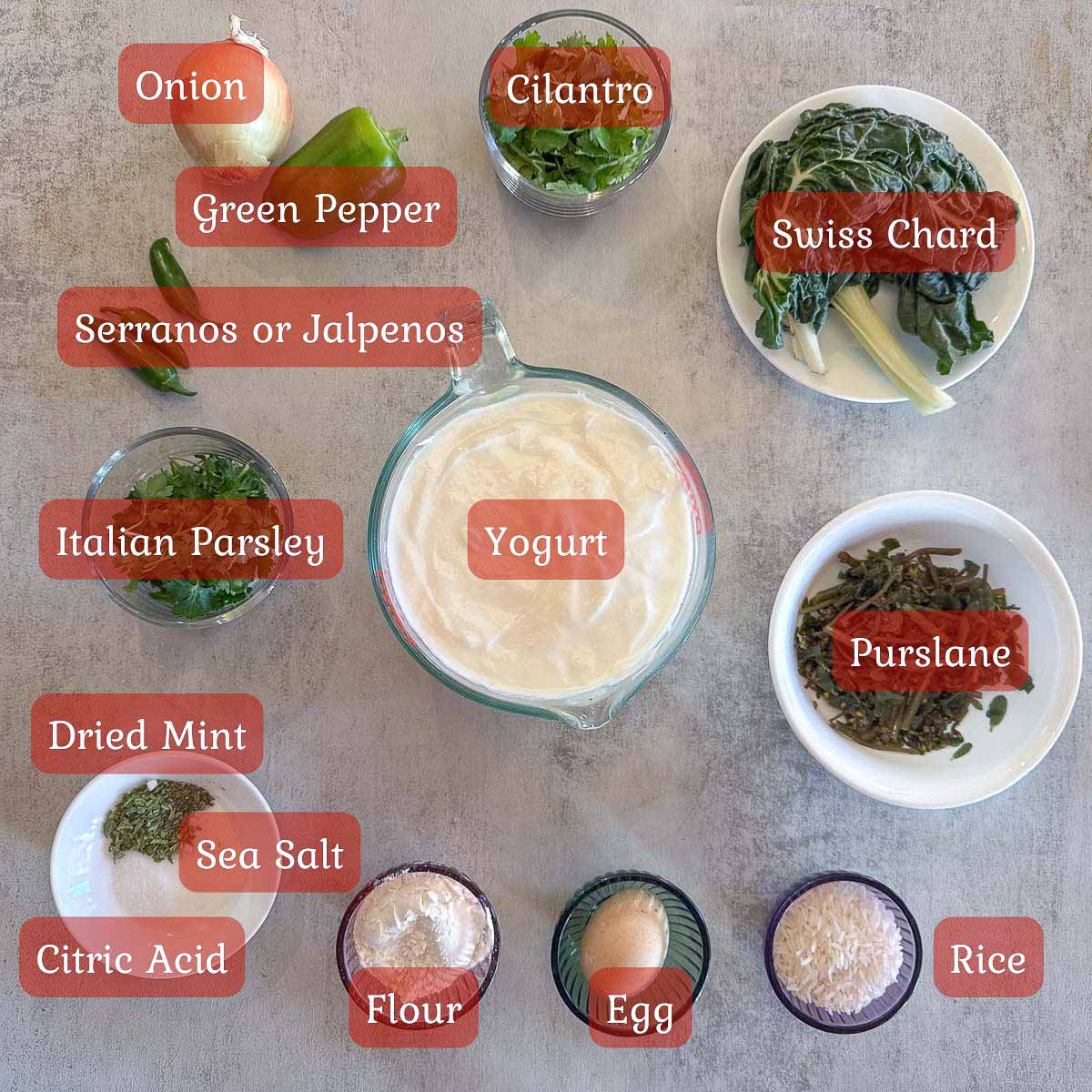 booshala (yogurt soup) ingredients including yogurt, herbs, spices, egg etc..