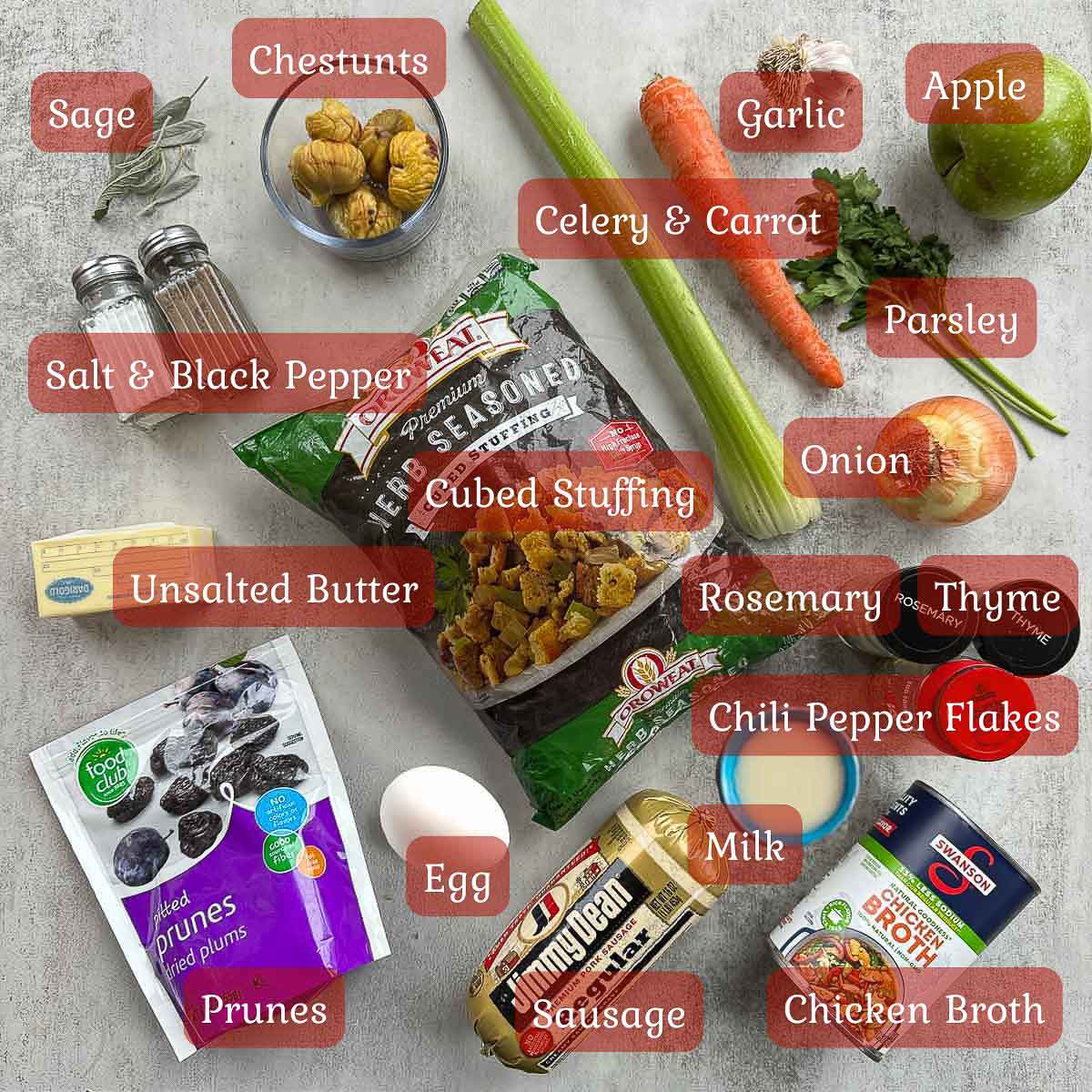 chestnut stuffing ingredients including bag of stuffing mix, vegetables, herbs, broth, spices etc.