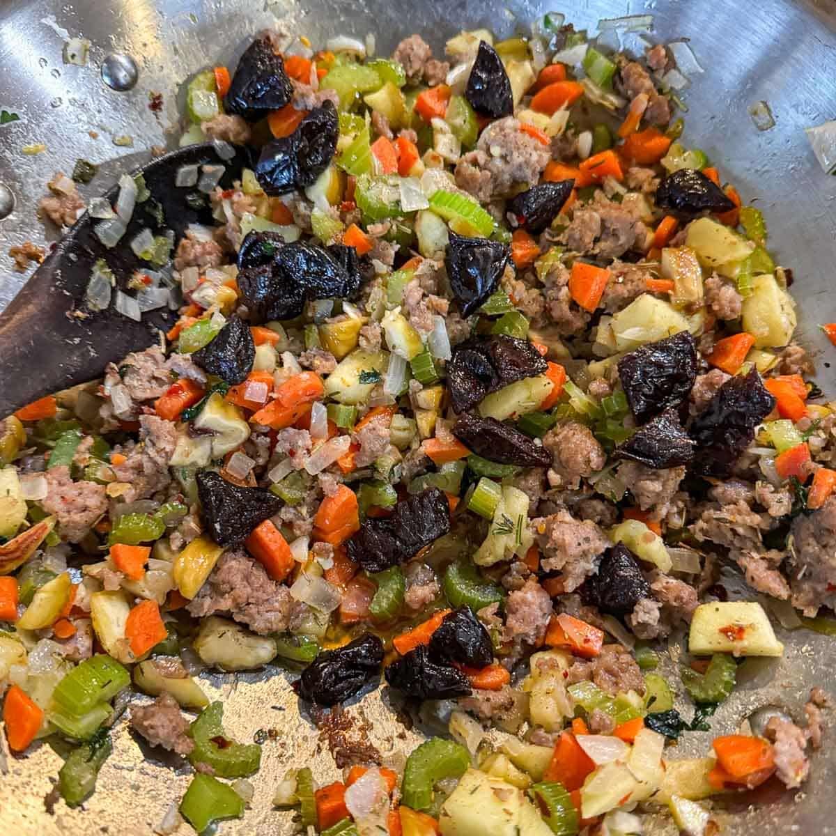 chestnut stuffing mix ingredients in a pan.