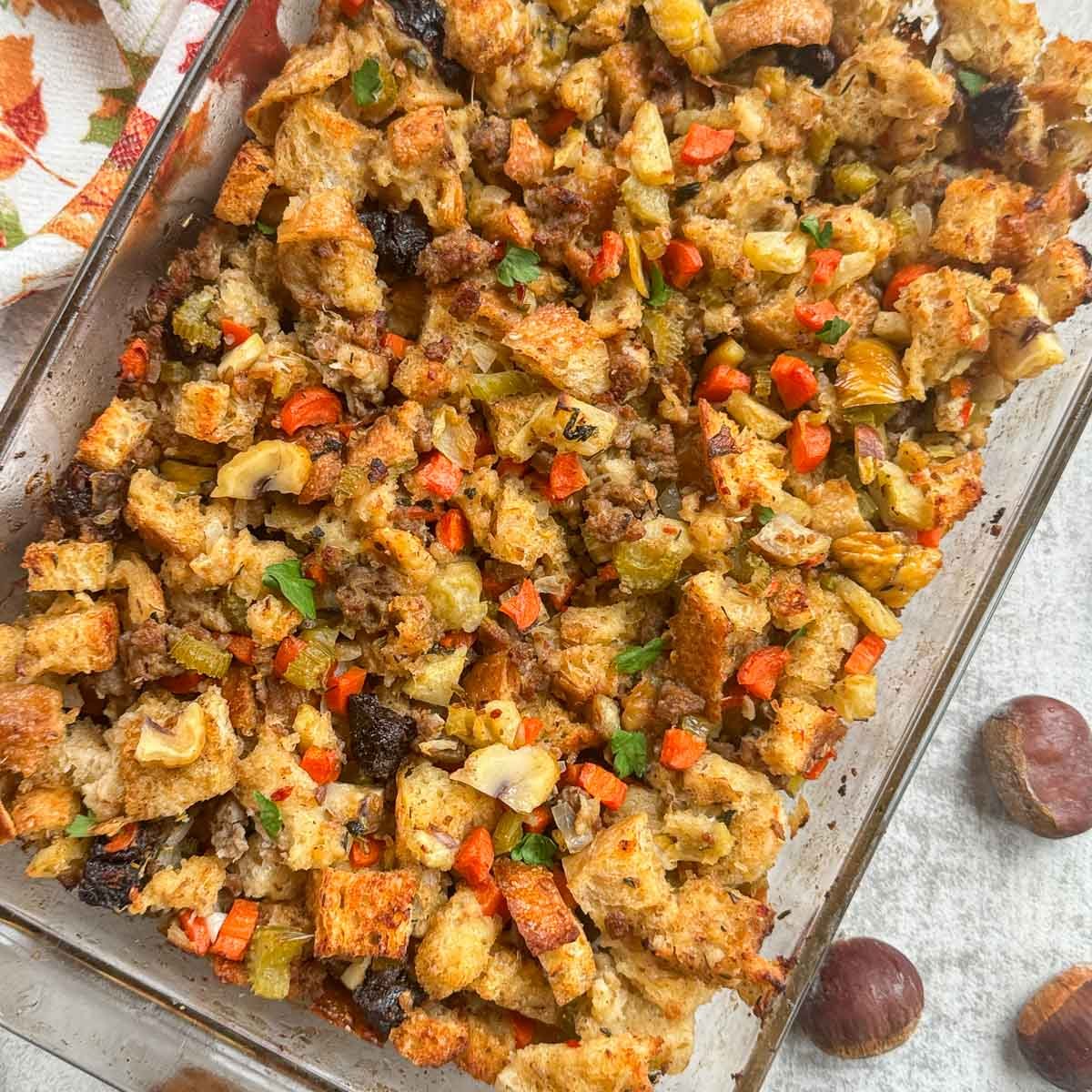 chestnut stuffing with chestnuts next to it. 