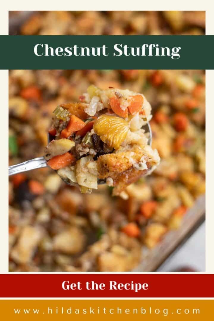 chestnut stuffing in a casserole dish with more being held up in a spoon.