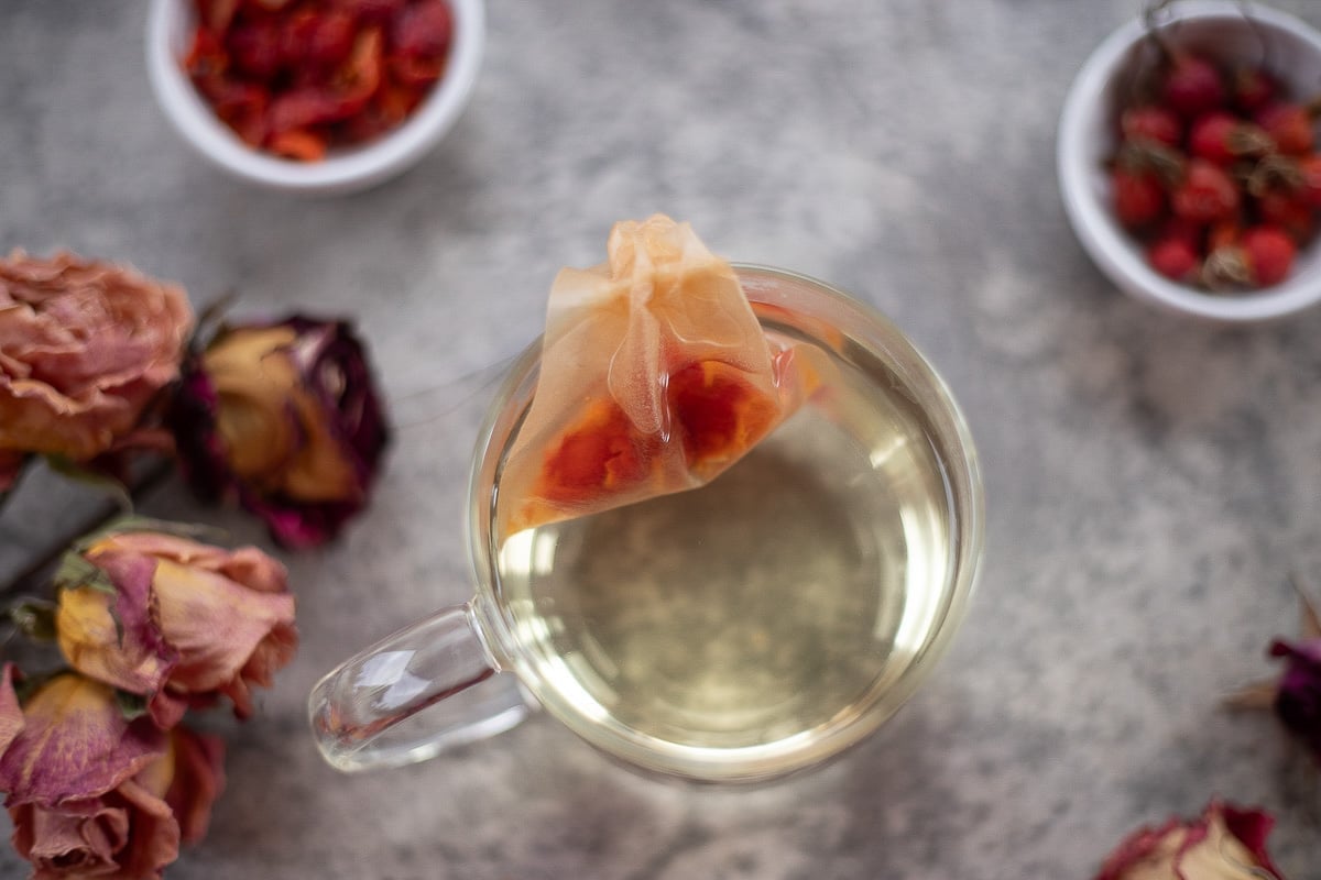 rosehip tea with a rosehip tea bag. 