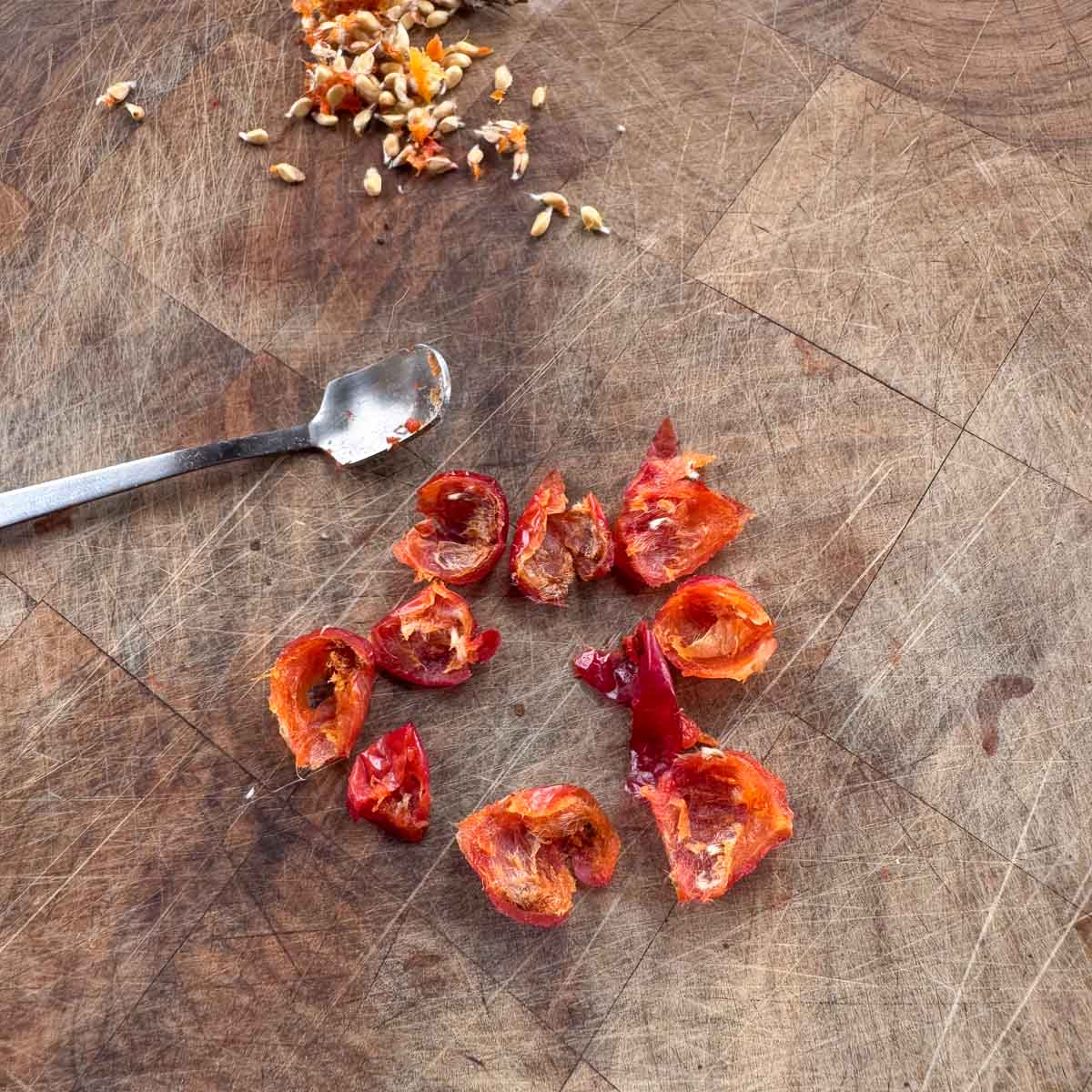rosehips sliced in half with seeds removed. 