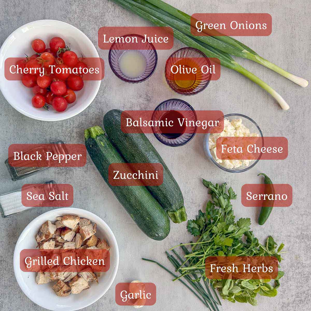 zucchini noodles ingredients including zucchini, herbs, spices, tomatoes, cheese etc.