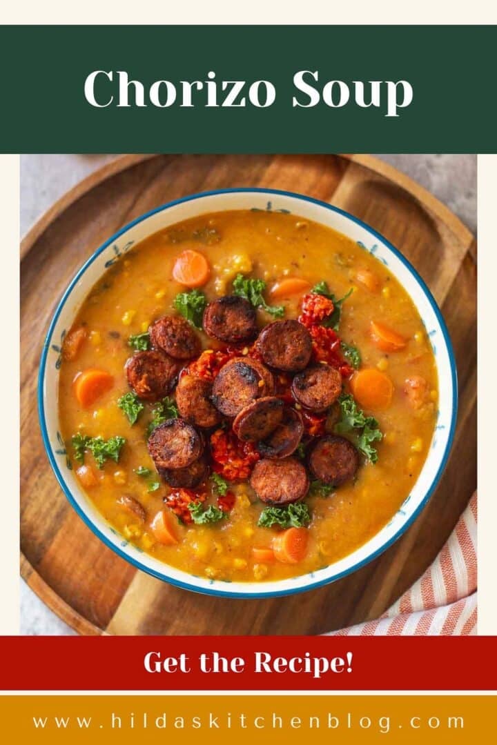 chorizo soup in bowl beside hand towel.