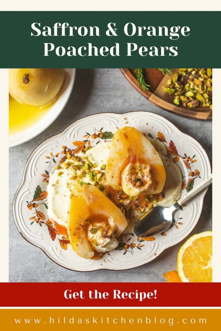 poached pears atop mascarpone surrounded by pears, orange, pistachios.