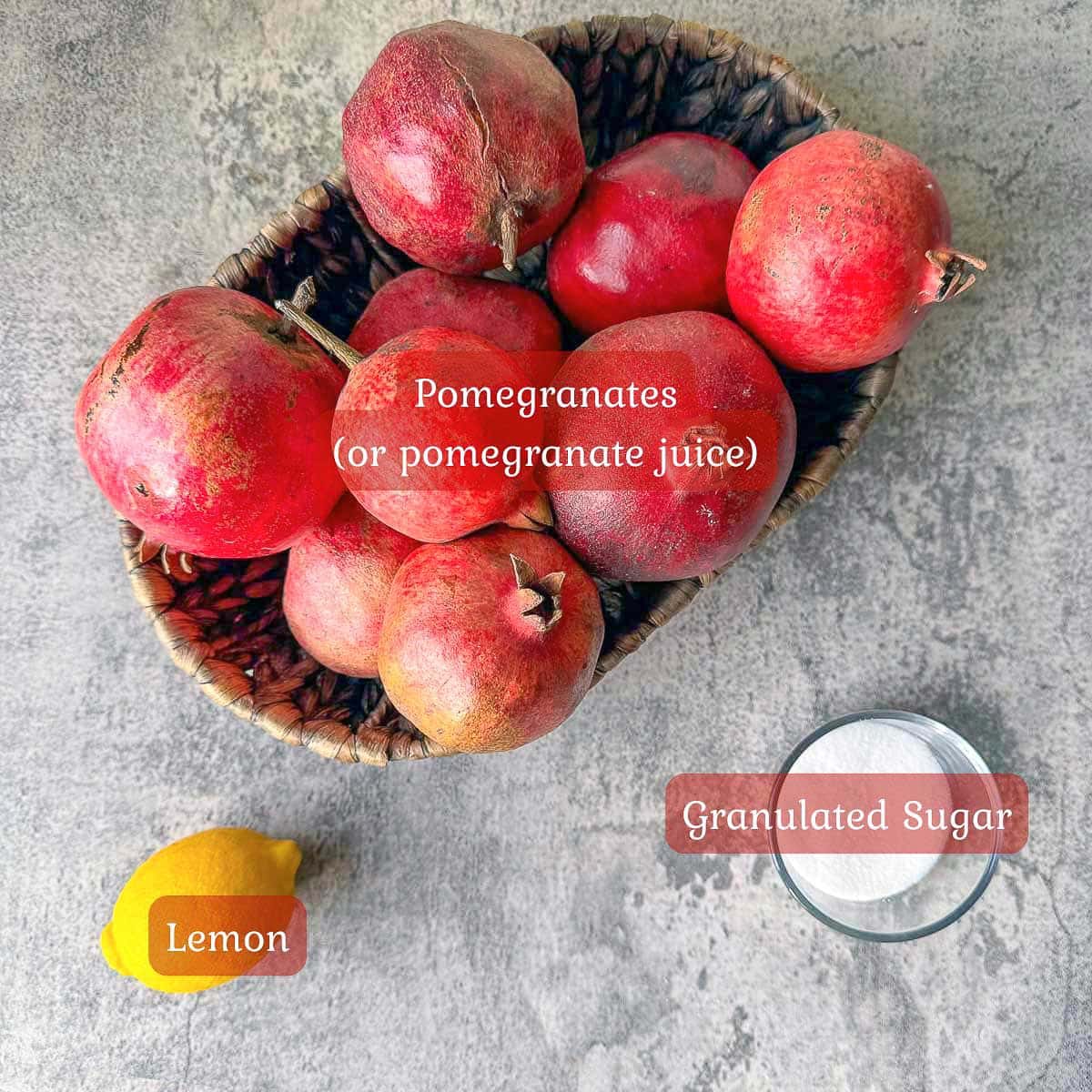 pomegranate molasses ingredients including pomegranates, lemon, and sugar.
