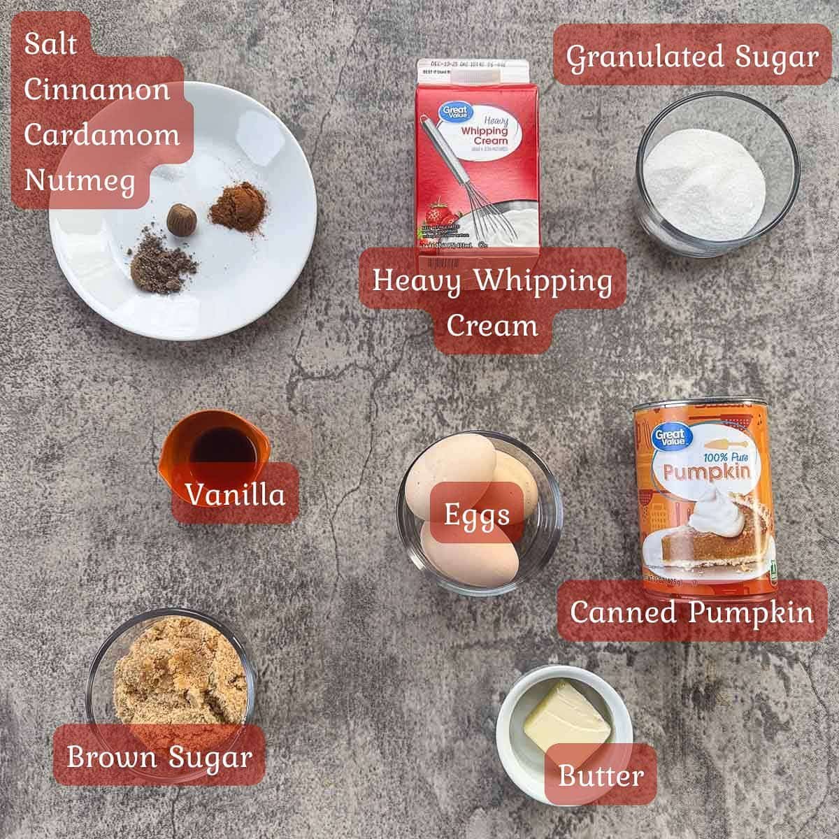 pumpkin creme brulee ingredients including eggs, pumpkin, vanilla, sugar, and spices.