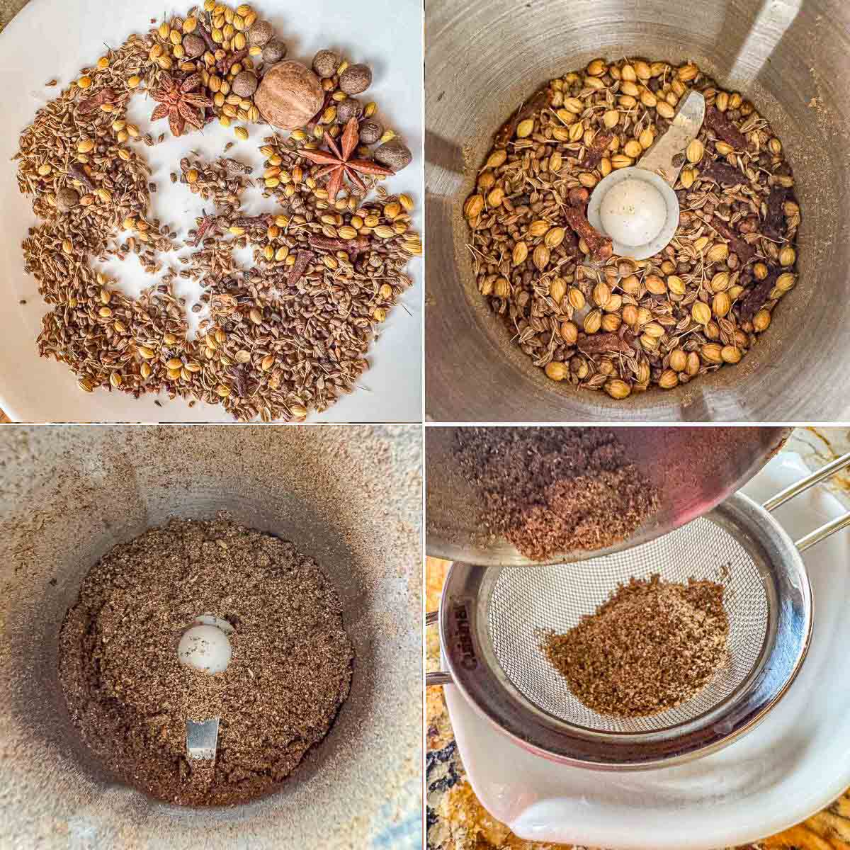 a collage of Lebkuchengewürz spices on a white plate, in a spice grinder, blended spices, and spices being sifted