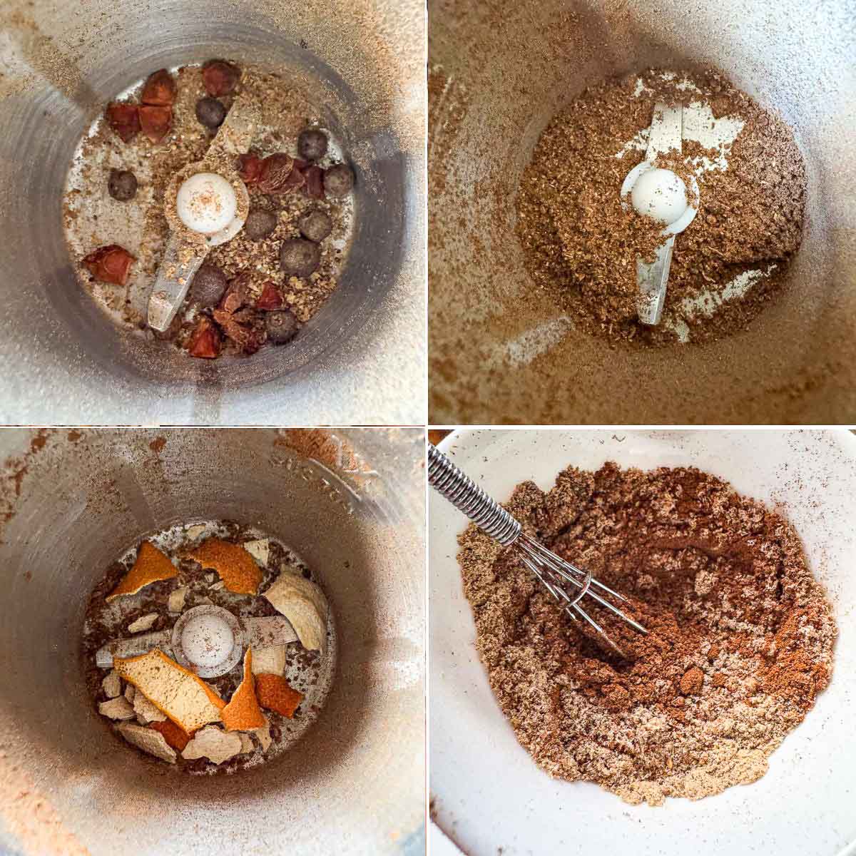 a collage of spices in a spice blender, blended spices, dried orange peels and ginger in a blender, and spices being whisked in a small bowl