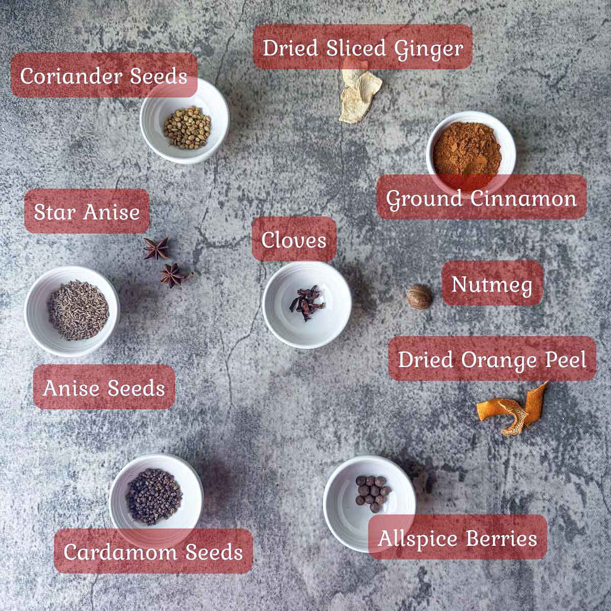 Lebkuchengewürz spice ingredients including cloves, star anise, cardamom, orange peels etc