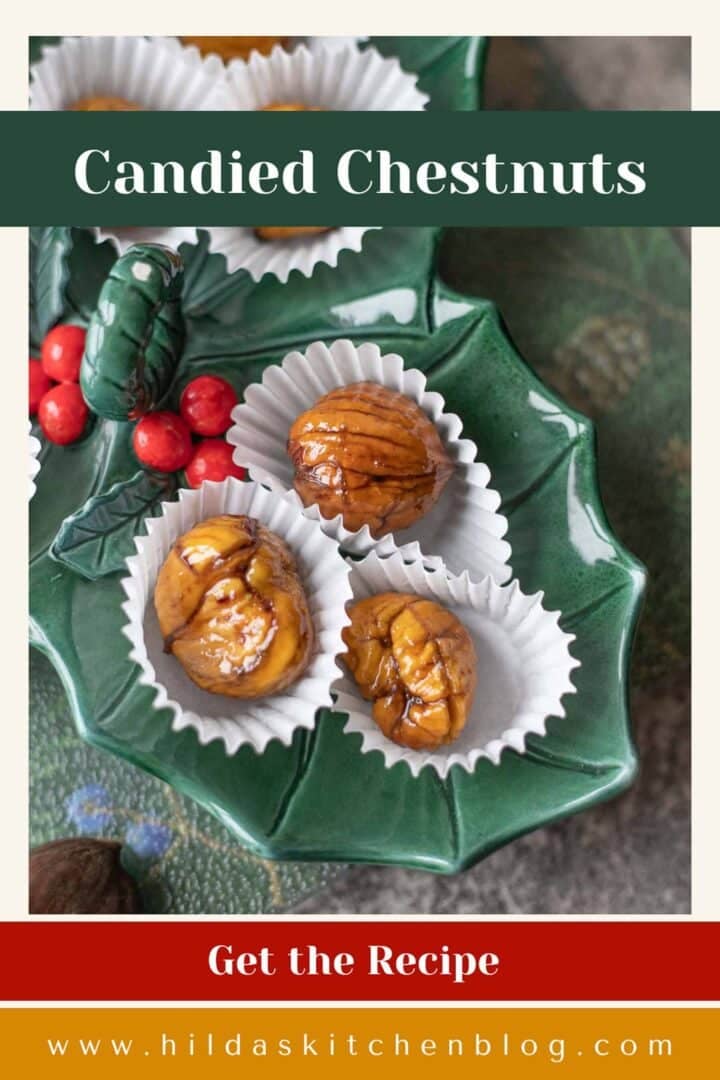 marron glace in a green holiday bowl