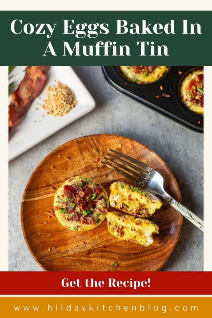 baked eggs in a muffin tin beside plates with halved egg, bacon, chives, sesame seeds.