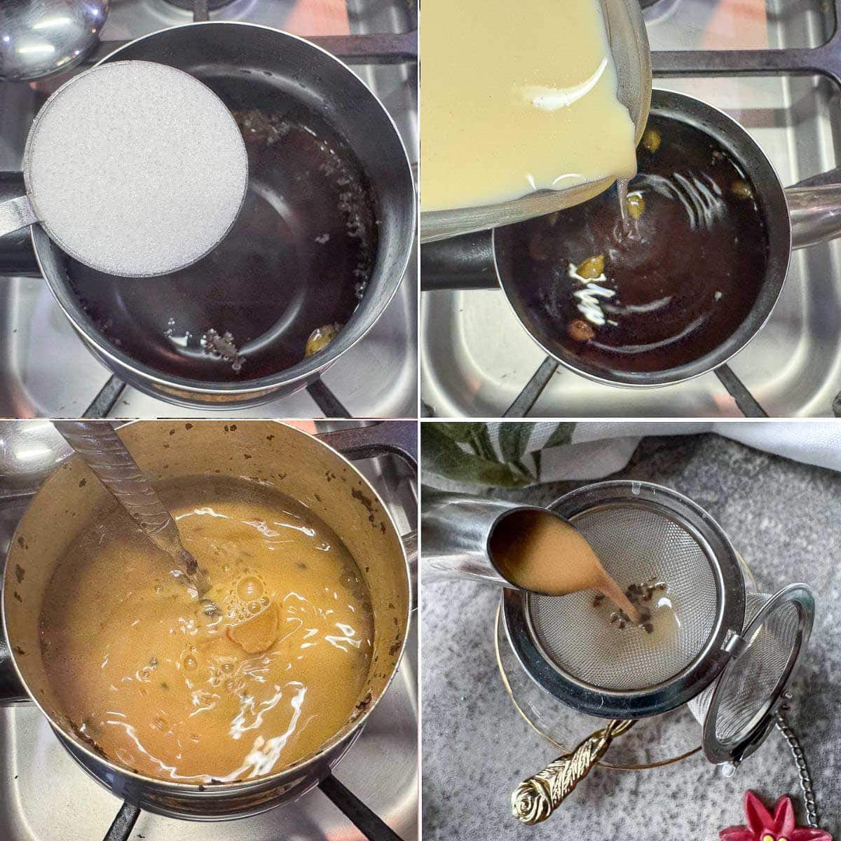 collage with sugar and cream being added to tea pot, then straining it in cup