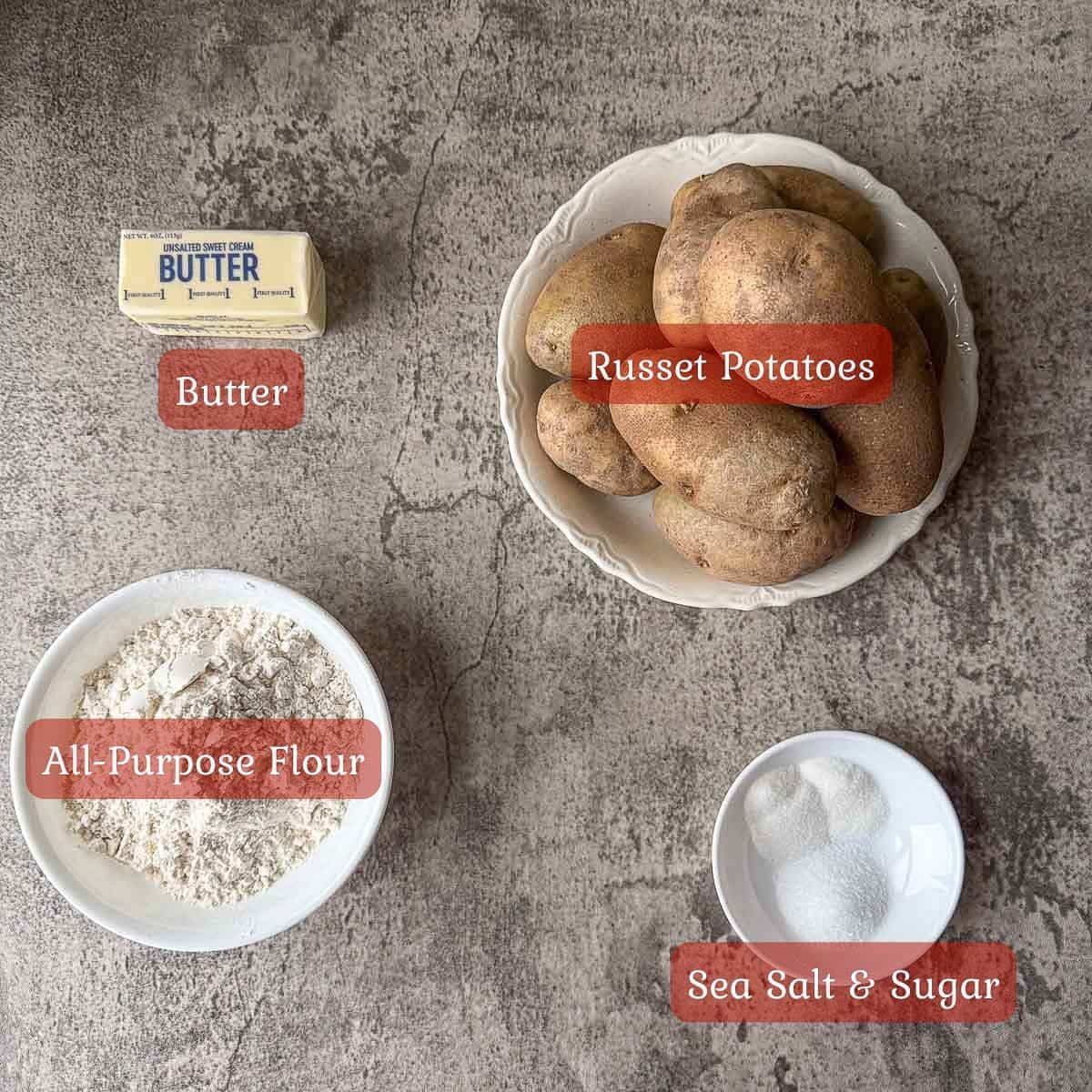 lefse ingredients including potatoes, butter, and flour.