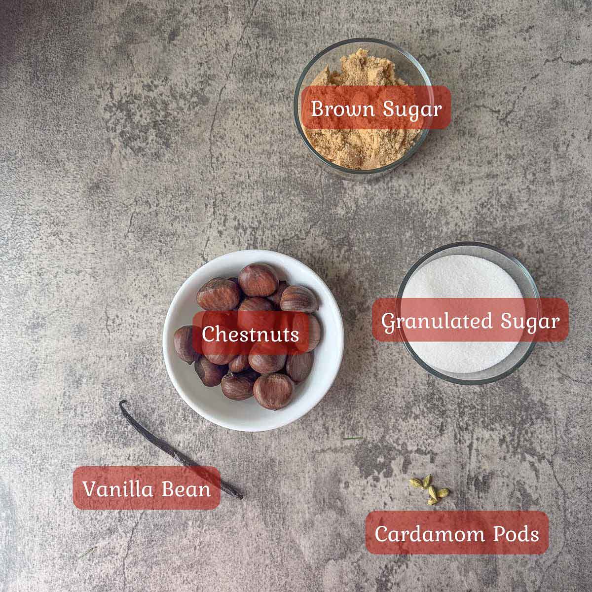 marron glace ingredients including chestnuts, sugar, cardamom, and vanilla bean.