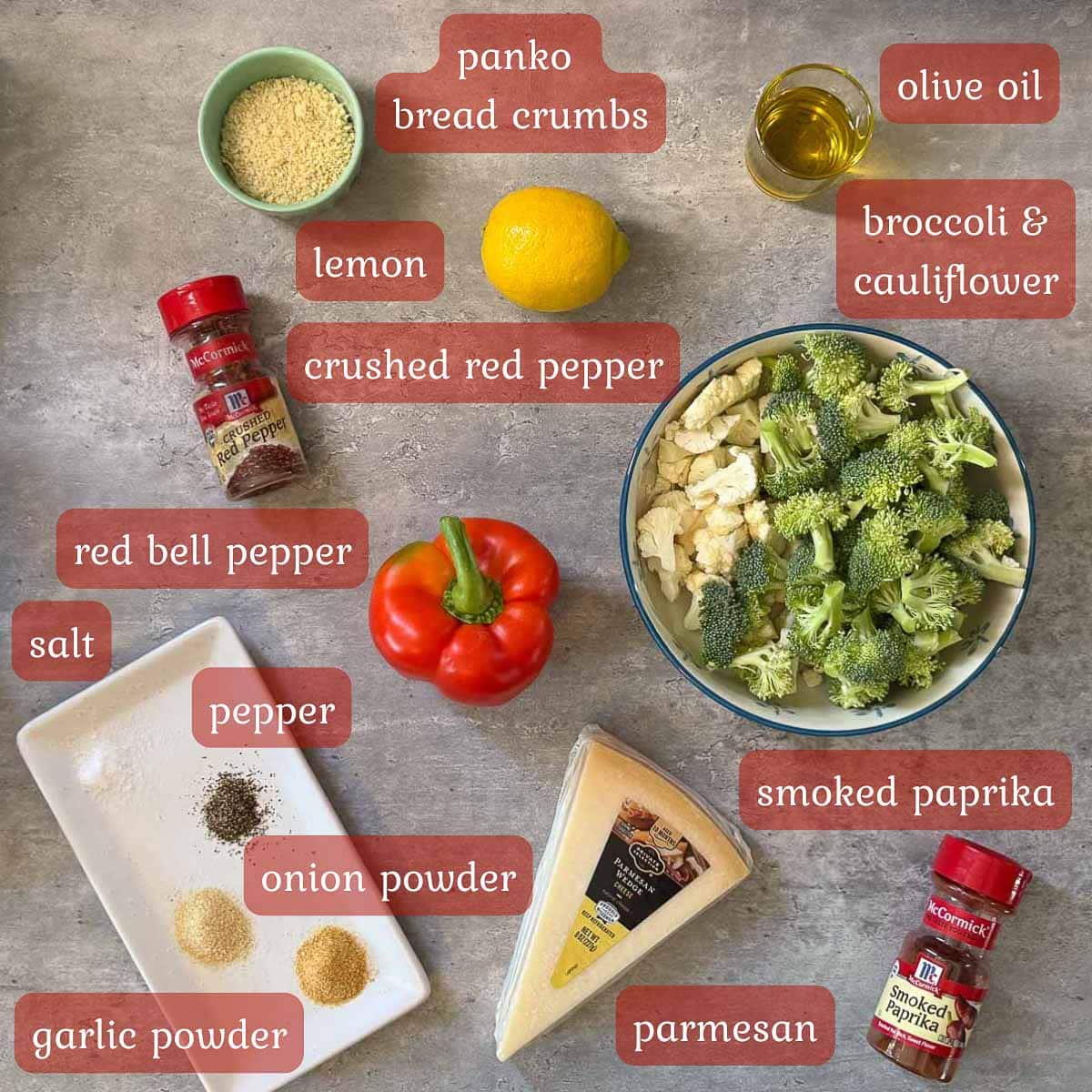 roasted cauliflower and broccoli ingredients (veggies, breadcrumbs, seasonings, etc.)