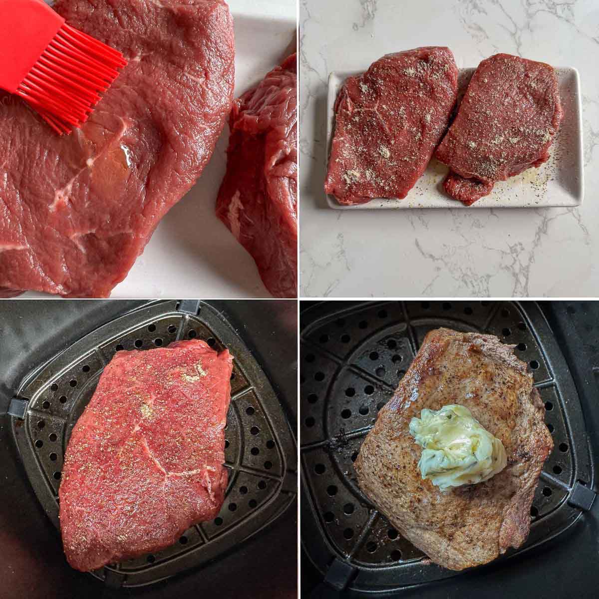 collage of steaks being brushed with oil and air fried.
