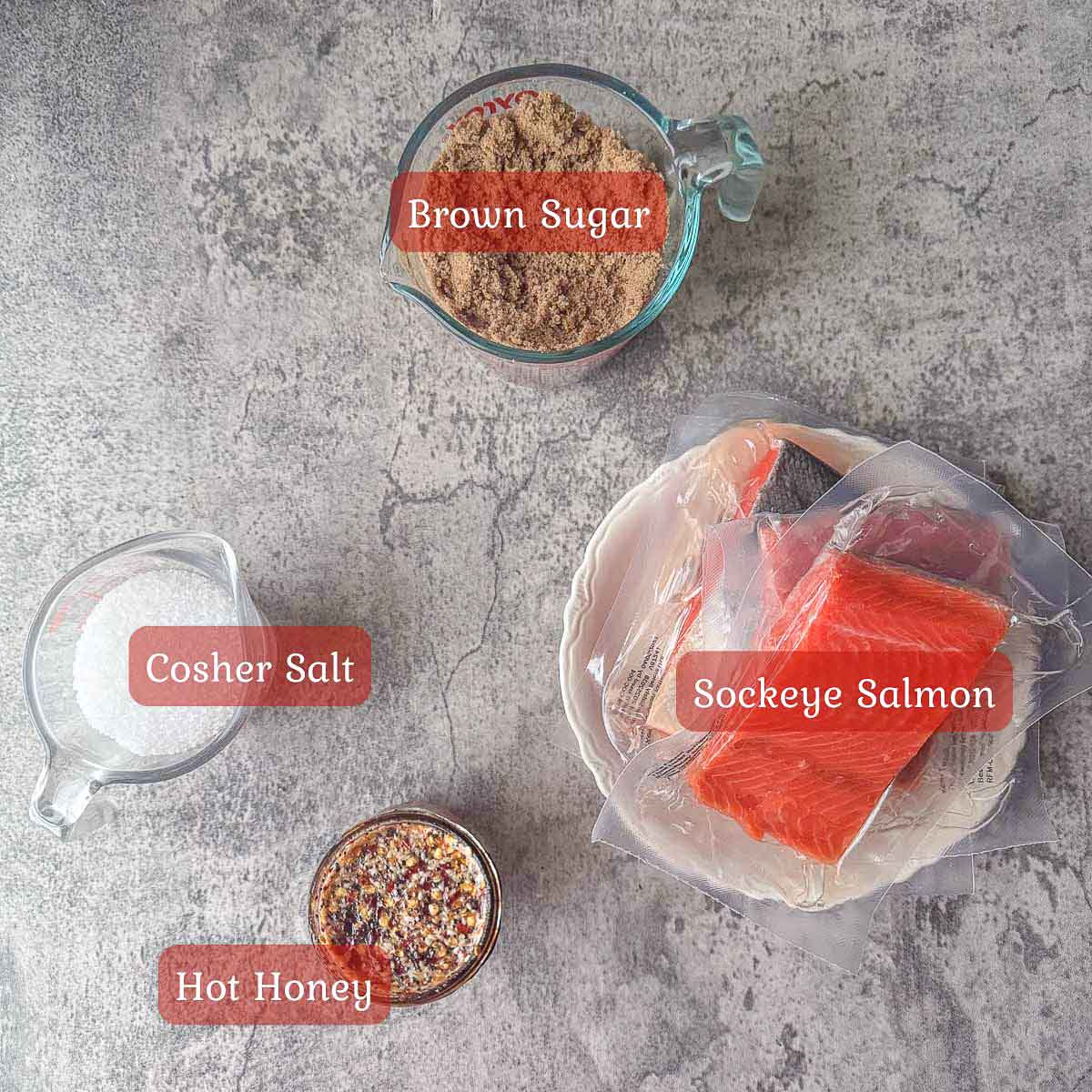 candied smoked salmon ingredients including fish, sugar, salt, and hot honey