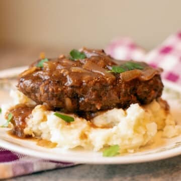 Salisbury steak on mashed potatoes