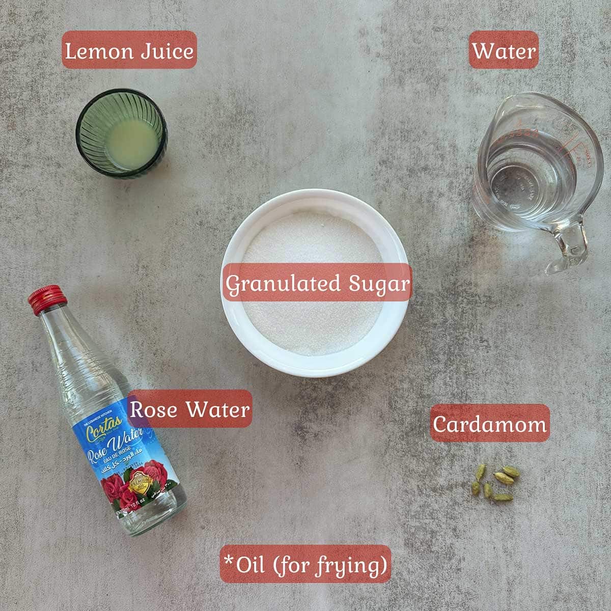 luqaimat syrup ingredients including sugar, rose water, lemon juice, and water