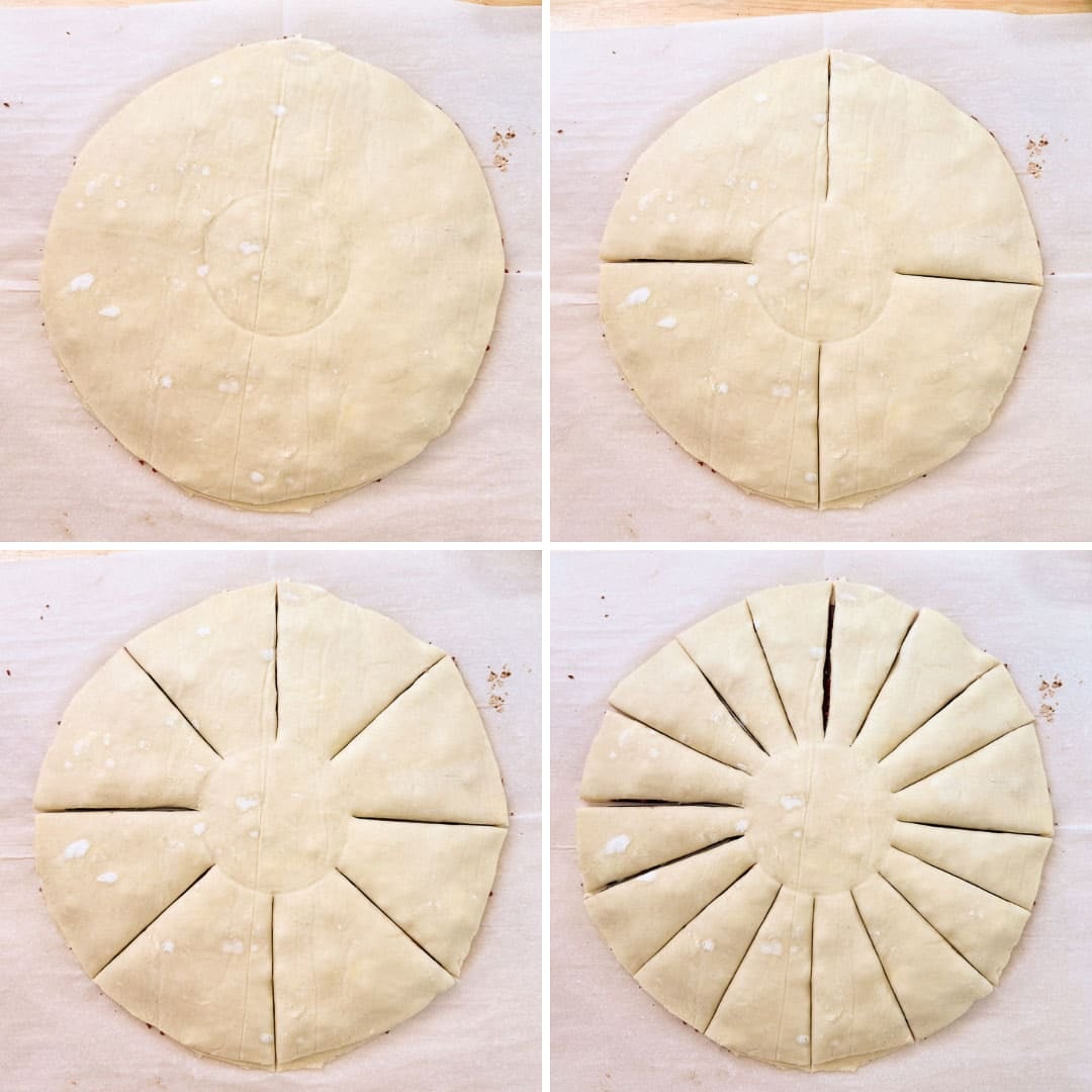 step progression collage showing the pastry cut into 4ths, then 8ths, then 16ths.